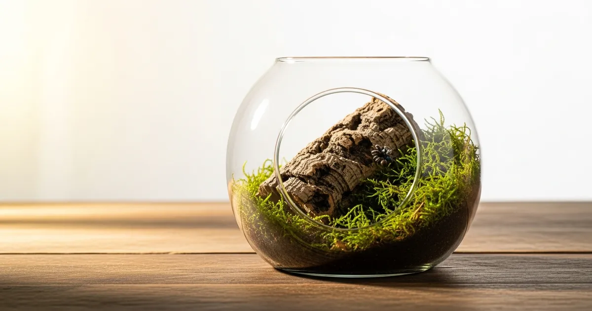 A glass terrarium with cork bark and green moss for a jumping spider enclosure