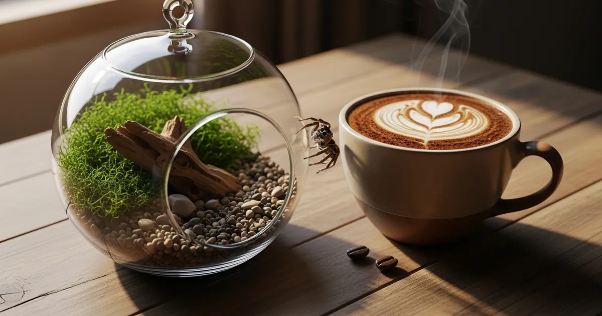 A cozy terrarium setup next to a warm coffee cup